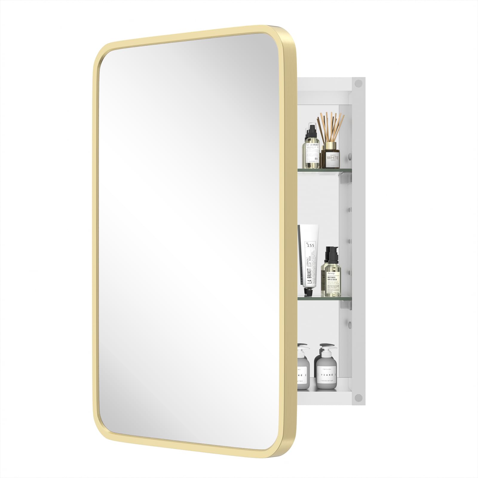 HOMECOOKIN Farmhouse Gold Metal Framed Recessed Bathroom Medicine Cabinet with Beveled Mirror Rounded Rectangle Bathroom Medicine Cabinet 16x24 inch