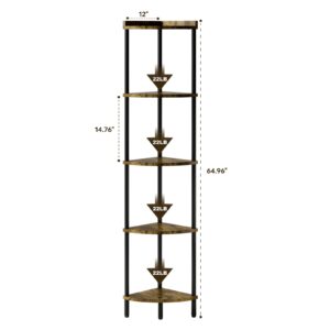 XIV 5 Tier Corner Shelf Stand, Industrial 65" Corner Shelves Display Shelf, Wood Tall Shelf Plant Stand, Storage Shelf for for Bathroom, Living Room, Kitchen, Office