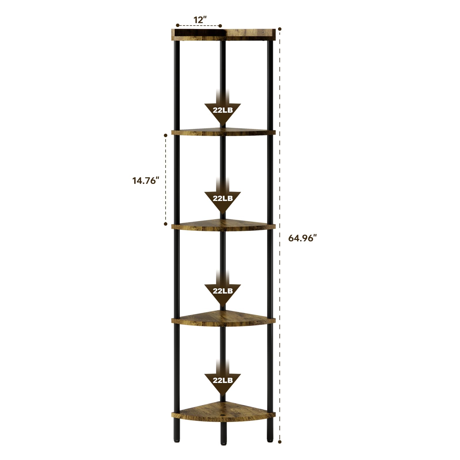 XIV 5 Tier Corner Shelf Stand, Industrial 65" Corner Shelves Display Shelf, Wood Tall Shelf Plant Stand, Storage Shelf for for Bathroom, Living Room, Kitchen, Office