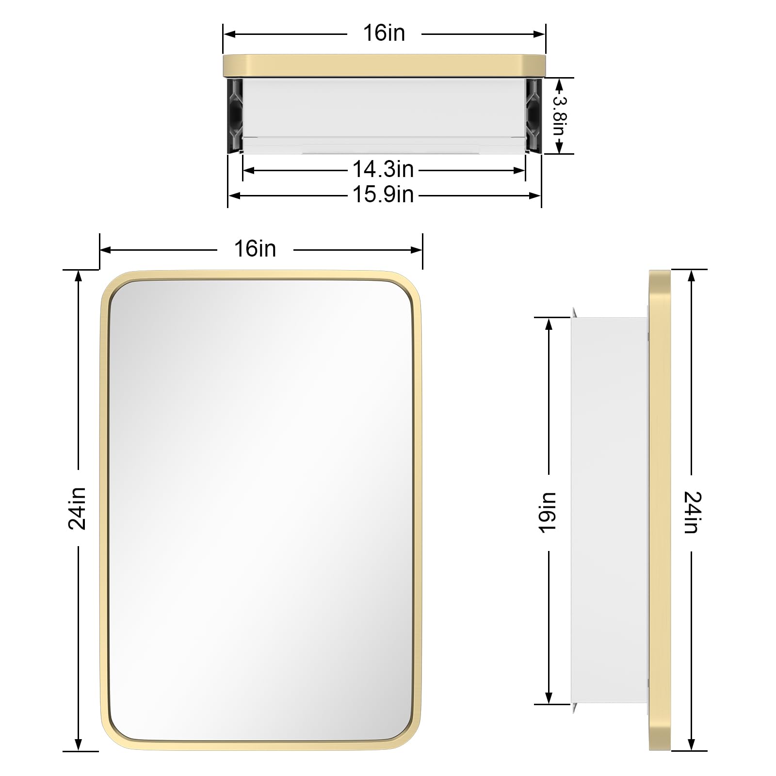 HOMECOOKIN Farmhouse Gold Metal Framed Recessed Bathroom Medicine Cabinet with Beveled Mirror Rounded Rectangle Bathroom Medicine Cabinet 16x24 inch