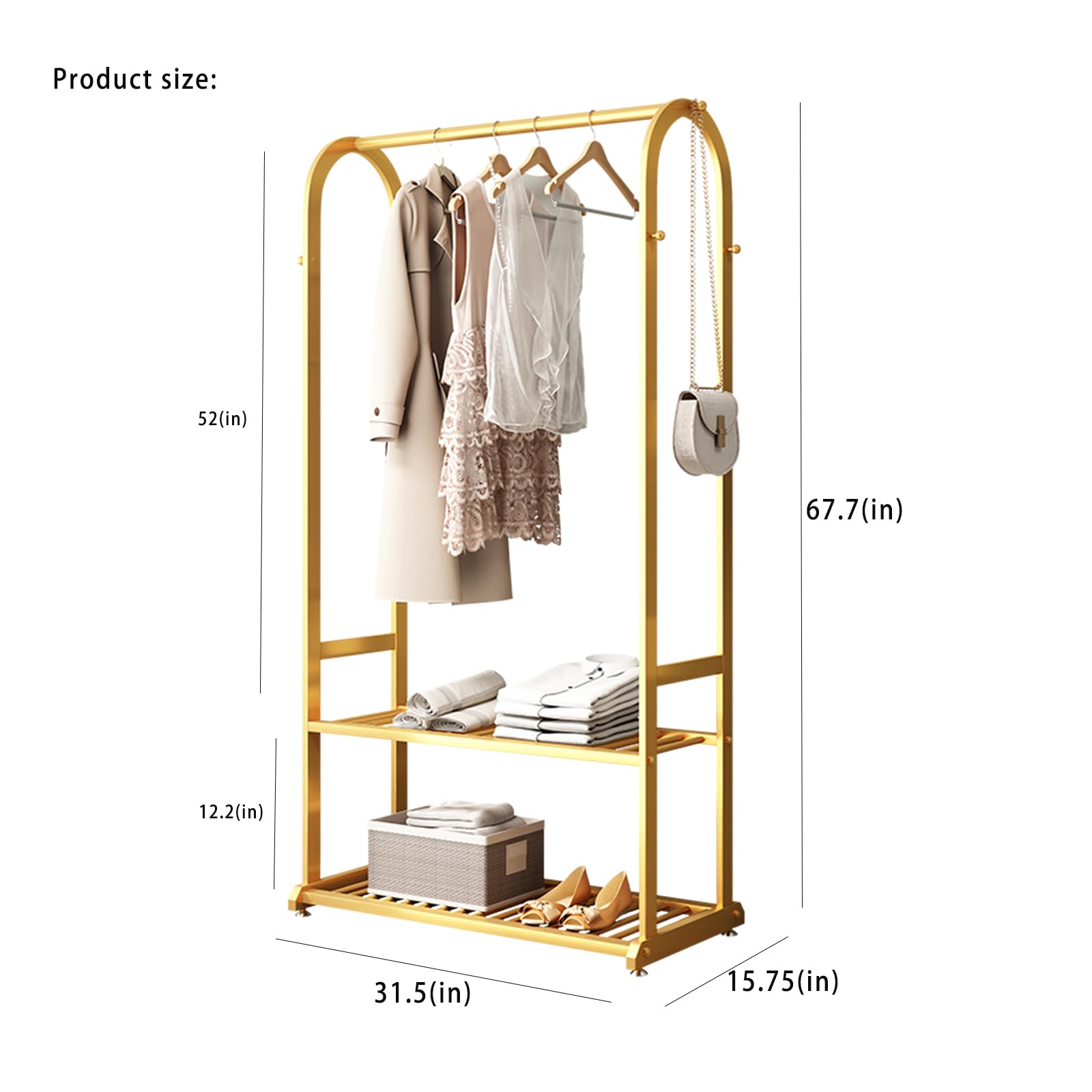 BUZUEY Gold clothing rack,Heavy duty clothes rack,Small clothing racks for hanging clothes,Wardrobe Rack,rack for clothes to hang,garment rack with bottom shelves,hanging racks for clothes(L:31.5in)