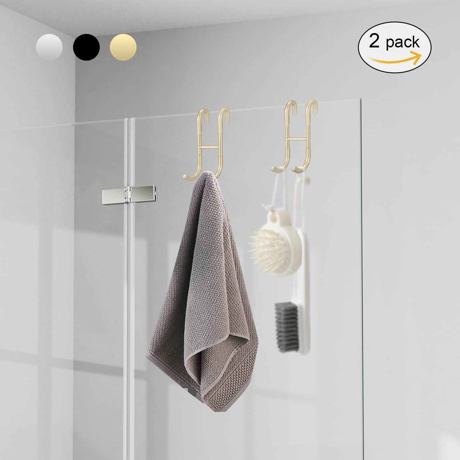 Homevacious 2 Pack Shower Door Hooks Towel Hooks for Bathroom Frameless Glass Shower Door SUS 304 Stainless Steel Drilling-Free Hanger Shower Hooks- Brushed Gold