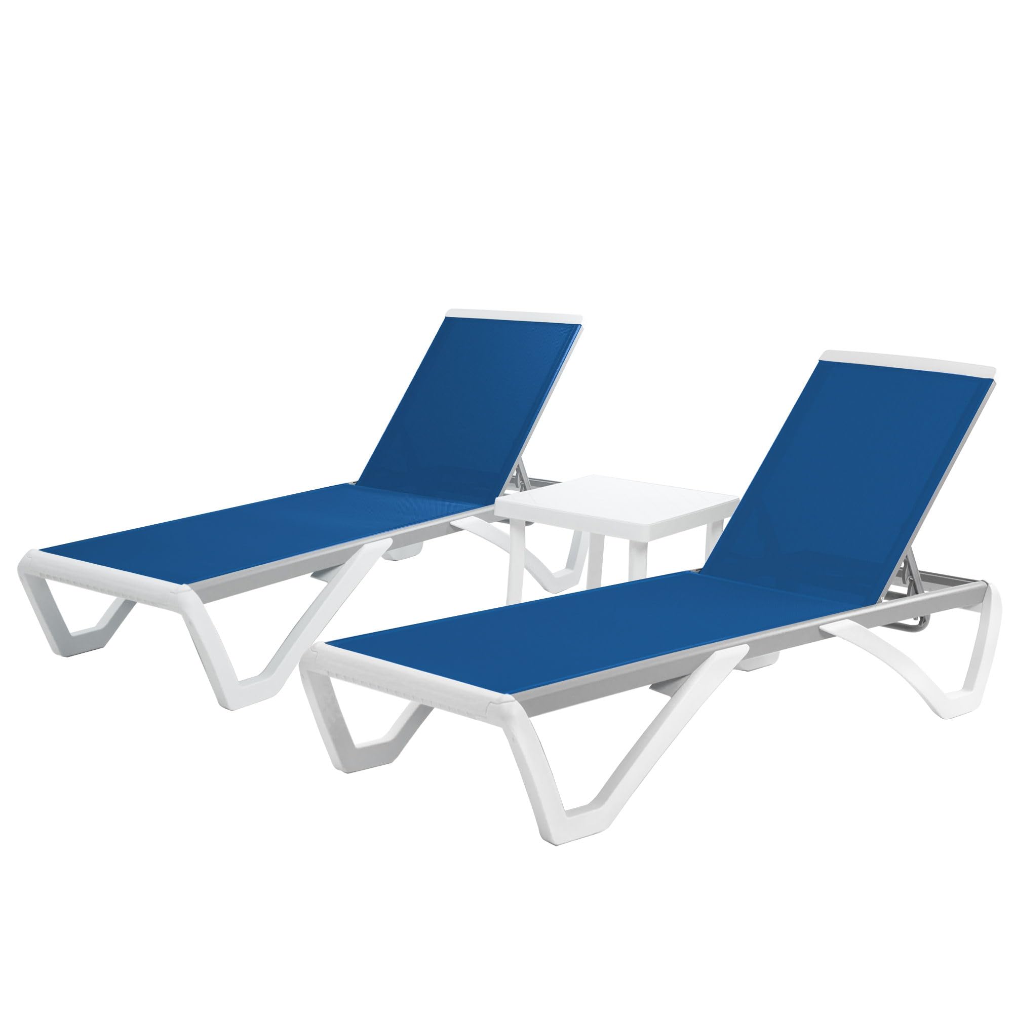 Kozyard Patio Chaise Lounge Chair - Full Flat Alumium & Resin Legs, Outdoor Reclining Adjustable Chair for Sunbathing, Beach, Patio, Lounge Set or Patio Table (2 Blue Textilence W/Table)