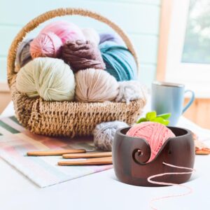 MJFUNTXY Wooden Yarn Bowl Holder, Craft Knitting Bowl,6.7in Large Yarn Holder Dispenser Yarn Storage Bowls, Gift for Knitters and Crocheters