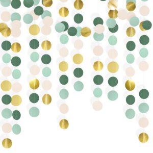 gcqq sage-green mint beige-gold circle garland, 52ft glitter hanging polka dots garlands, sage green paper circle garland, circle garland for baby safari bridal shower engagement wedding party decor