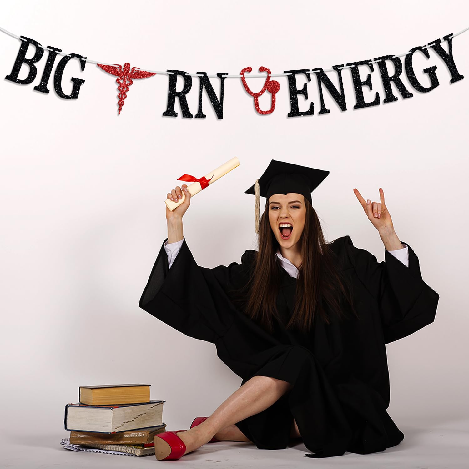 Big RN Energy Banner, Congrats Nurse Bunting Sign, Class of 2024 Nursing School Survivor Graduation Party Decoration Supplies, Black and Red Glitter