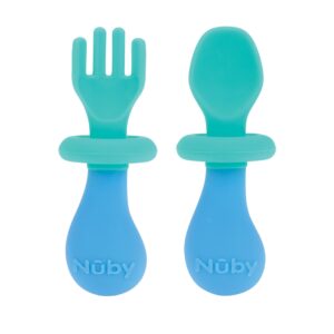 nuby first fork and spoon set - utensils with safety guards for babies 6+ months - green and blue