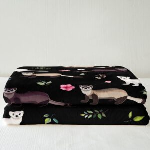 Erosebridal Cute Ferret Fleece Blanket Pink Cherry Blossoms Throw Blanket for Bed for Girls Women, White Brown Ferrets Sherpa Blanket Chic Flower Floral Blanket, Black Green Flannel Blanket Super Cozy