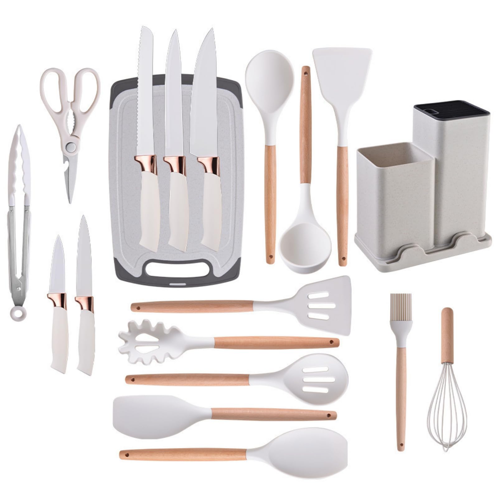 SV Home & Deco All-in-One 19-Piece Kitchen Utensils and Knives Set: 14 Cooking Utensils + 5 Essential Kitchen Knives for a Complete Culinary Experience (White), SMALL, N0516