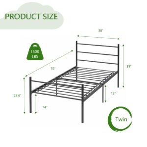 topfresh 14 Inch Twin Size Bed Frame with Headboard Heavy Duty Metal Platform Bed Frame Mattress Foundation Underbed Storage No Box Spring Needed Noise Free Foldable Bed Frame Black Sturdy Steel