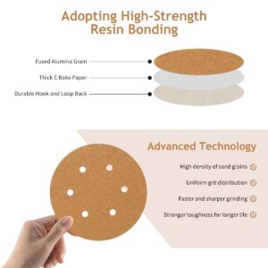 SUPBICCO 50 PCS 6 Inch Sanding Discs Hook and Loop, 80 120 220 320 400 Assorted Grits Sand Paper Disc for Random Orbital Sander, 6 Hole Gold Random Orbital Sandpaper Pads