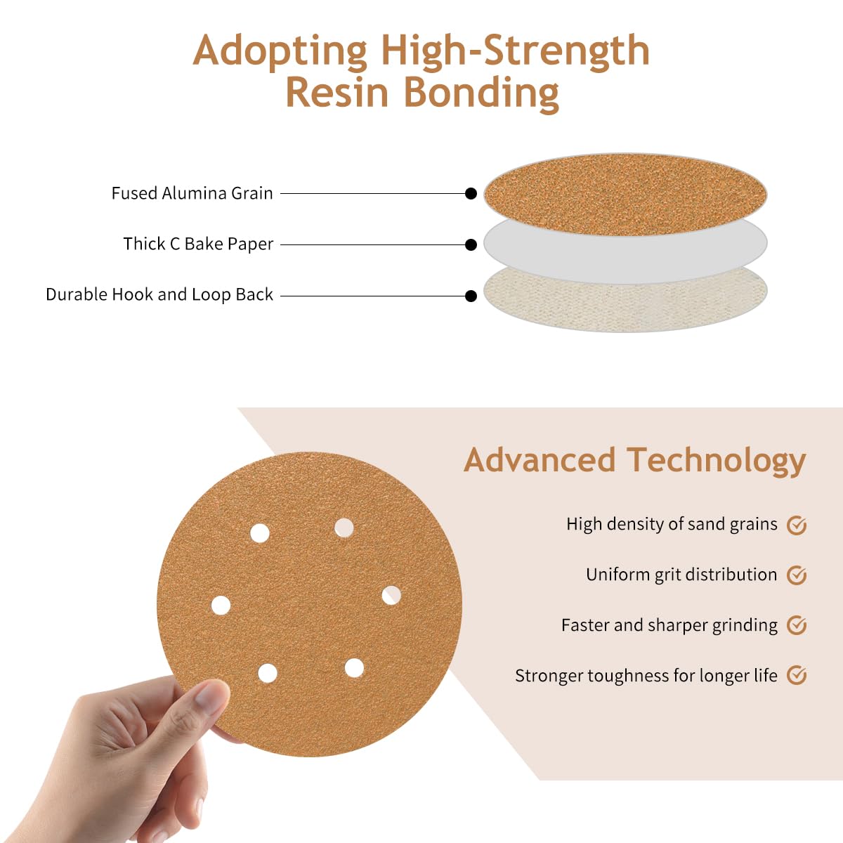 SUPBICCO 50 PCS 6 Inch Sanding Discs Hook and Loop, 80 120 220 320 400 Assorted Grits Sand Paper Disc for Random Orbital Sander, 6 Hole Gold Random Orbital Sandpaper Pads