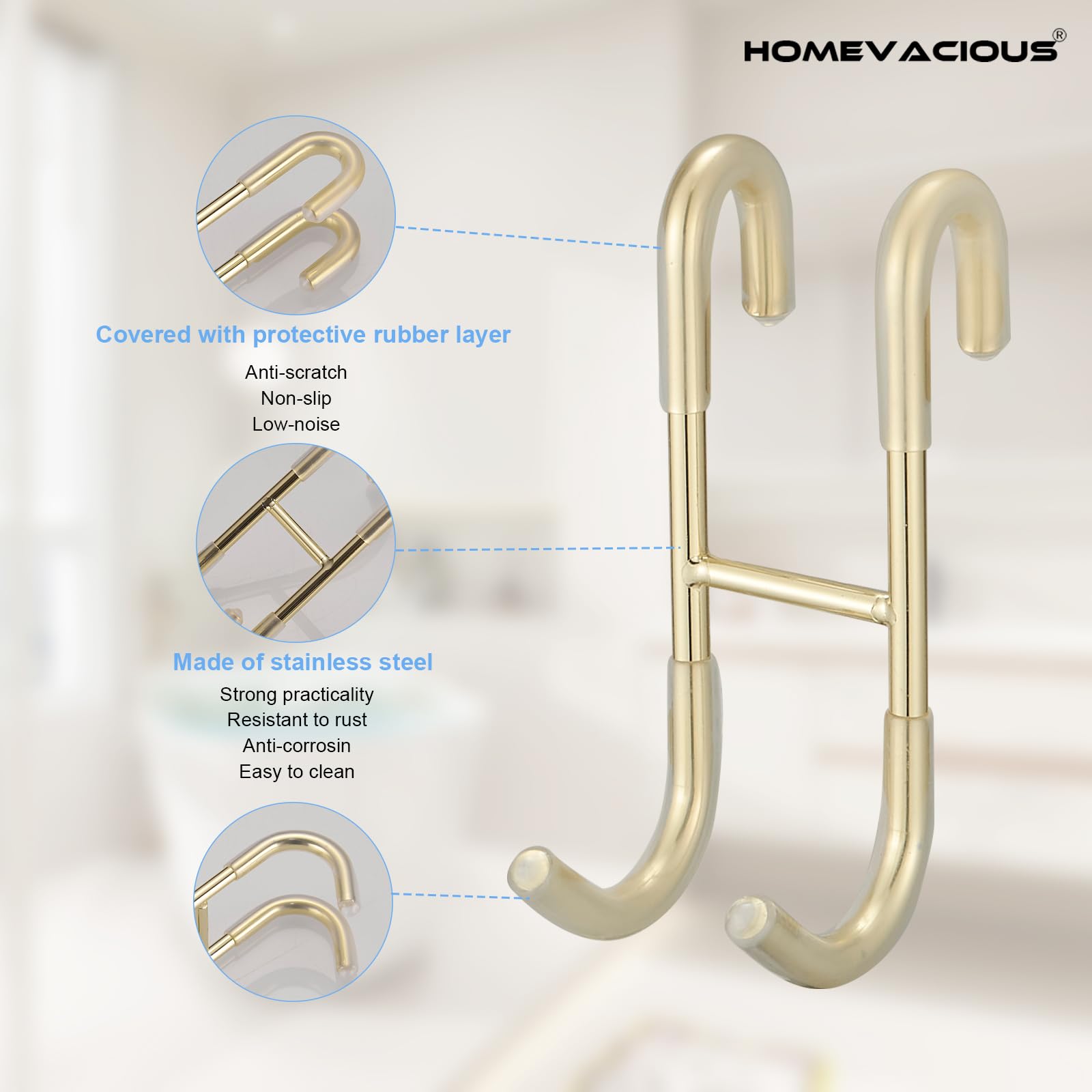 Homevacious 2 Pack Shower Door Hooks Towel Hooks for Bathroom Frameless Glass Shower Door SUS 304 Stainless Steel Drilling-Free Hanger Shower Hooks- Brushed Gold