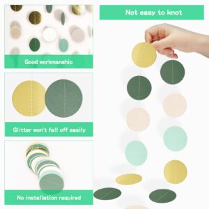 GCQQ Sage-Green Mint Beige-Gold Circle Garland, 52Ft Glitter Hanging Polka Dots Garlands, Sage Green Paper Circle Garland, Circle Garland for Baby Safari Bridal Shower Engagement Wedding Party Decor