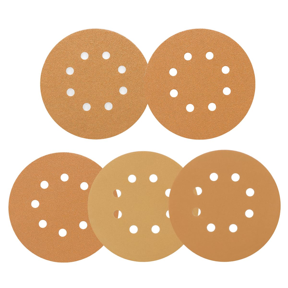 SUPBICCO 50 PCS 5 Inch 8 Hole Sanding Discs Hook and Loop, 60 80 120 220 320 Assorted Grits Sand Paper Disc for Random Orbital Sander, Gold Sandpaper Pads for Automotive and Woodworking