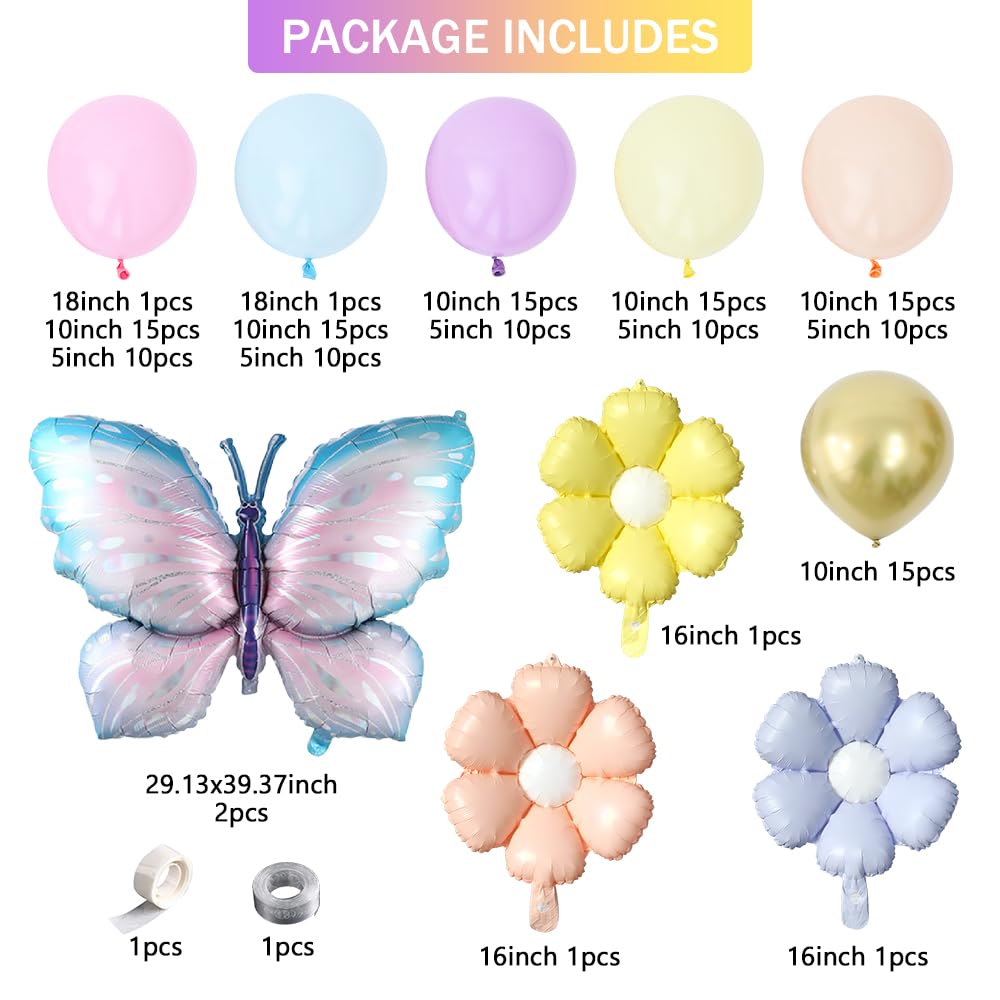 Daisy Butterfly Balloon Garland Arch Kit with Pastel Macarone Pink Blue Yellow Purple Gold Latex Balloons for Birthday Party Wedding Decorations (Macarone)