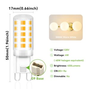 TJOY 12 Pack G9 LED Bulb 4W Equivalent 40 Watt, Replacement G9 Halogen Light Bulb, 3000K Soft Warm White, Small Light Bulb for Chandelier, Type G9 T4 Bi-pin Base, 120V Energy Saving Bulb, Non-dimmable