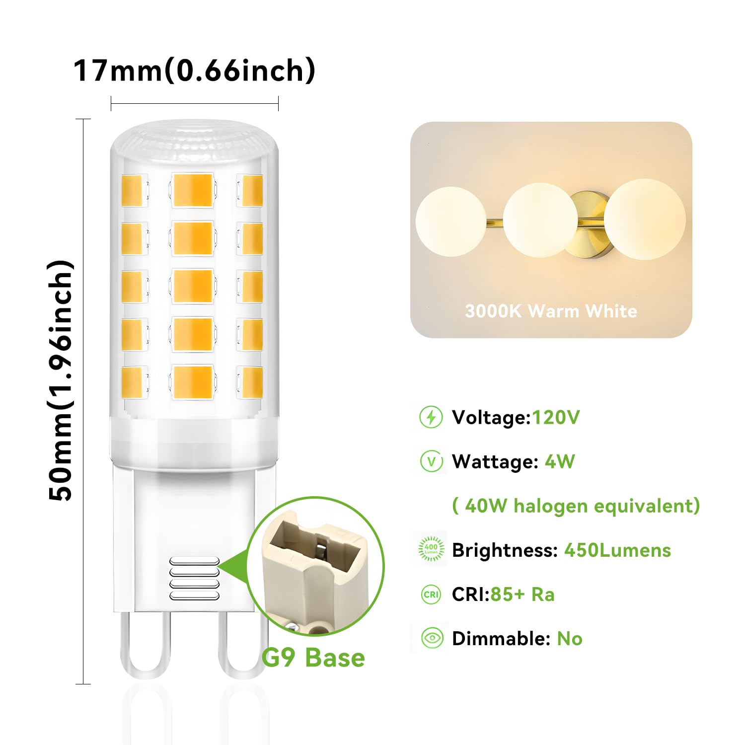 TJOY 12 Pack G9 LED Bulb 4W Equivalent 40 Watt, Replacement G9 Halogen Light Bulb, 3000K Soft Warm White, Small Light Bulb for Chandelier, Type G9 T4 Bi-pin Base, 120V Energy Saving Bulb, Non-dimmable