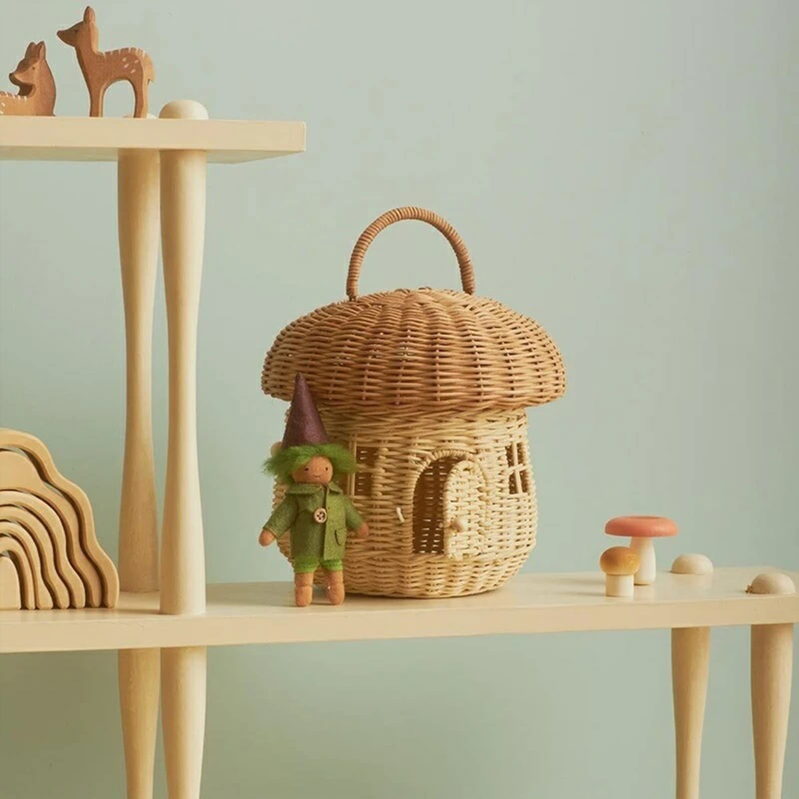 Mushroom Basket with Lid, Rattan Mushroom Storage Basket Hand Bag Basket Mushroom Home Decor Box, Handmade Rattan Mushroom Newborn Photography Props Desktop Storage Decoration(#1)