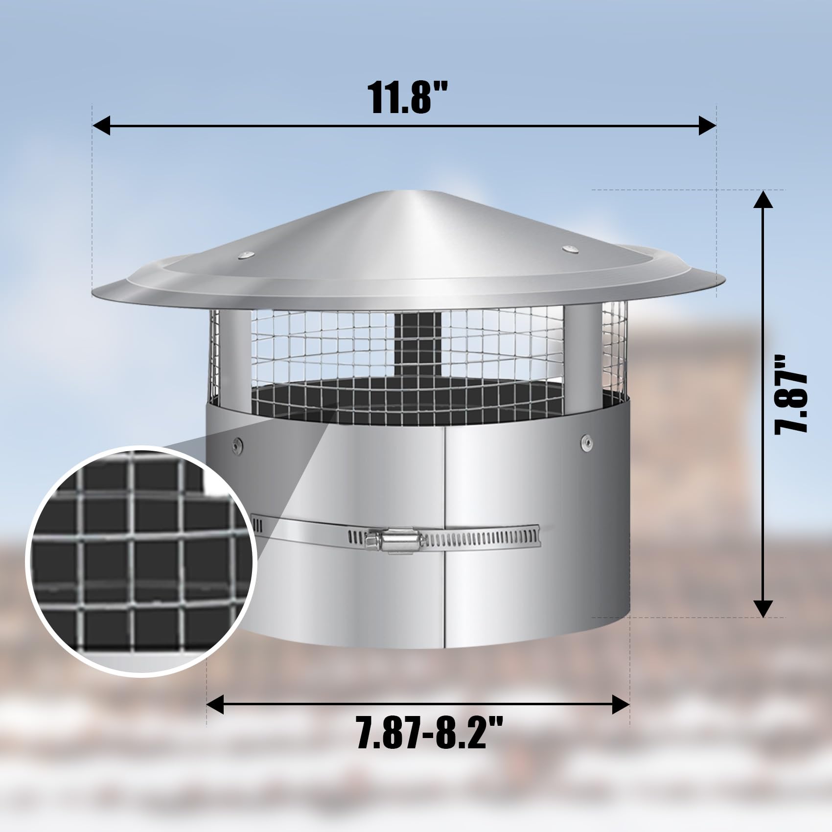 Bootuu 8 Inch Round Chimney Cap, 8 Inch Tapered Top Chimney Cap with Screen, 8 Inch Chimney Cap with Fastening Device with Screen, Stovepipe Finial, Stainless Steel