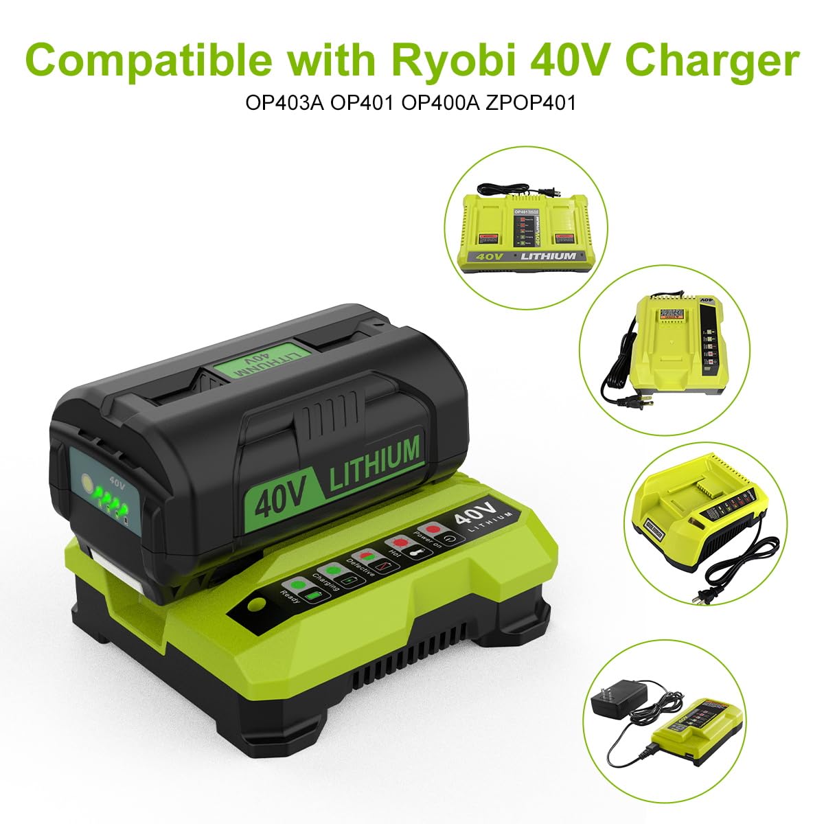 Energup 40Volt 6500mAh Replacement Ryobi 40V Battery + Charger Kit for Ryobi 40V Lithium Battery OP4026 OP40601 OP4050A OP4040 OP4030 OP4050 with OP401 Ryobi 40V Charger