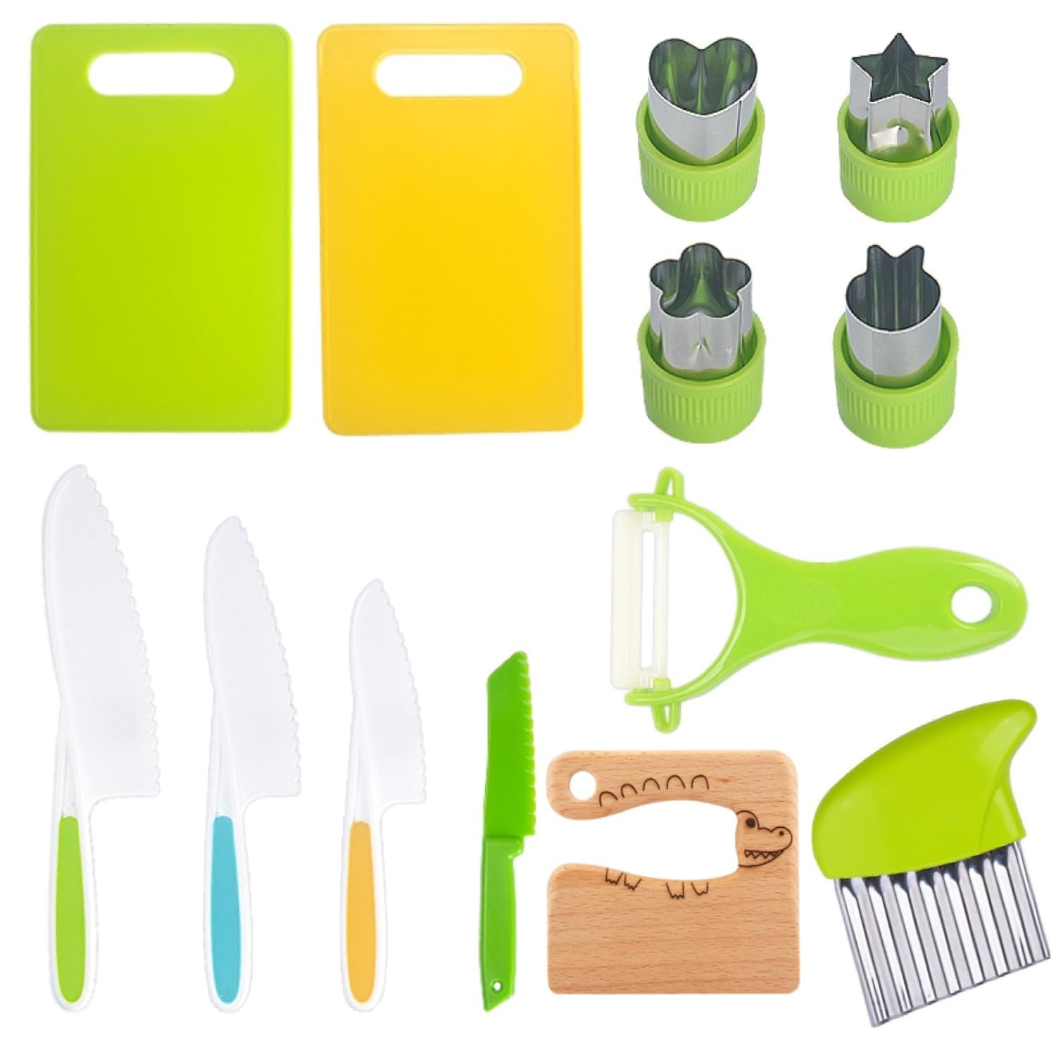 Higoney 13pcs Kitchen Set for Toddlers, Kids Knife Set for Real Cooking,Toddler Safe Knives Set with Cutting Board Fruit Vegetable Crinkle Cutters Serrated Edges Plastic-Kids Kitchen Tools