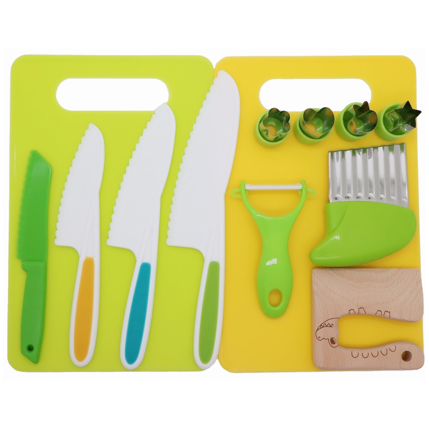 Higoney 13pcs Kitchen Set for Toddlers, Kids Knife Set for Real Cooking,Toddler Safe Knives Set with Cutting Board Fruit Vegetable Crinkle Cutters Serrated Edges Plastic-Kids Kitchen Tools