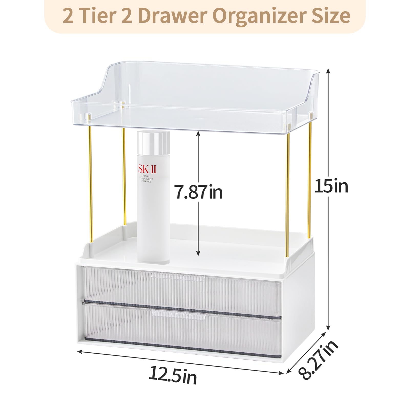 shuang qing 2-Tier 2-Drawer Bathroom Countertop Organizer, Skin Care Large Organizer, Multi-Purpose Makeup Storage Rack for Vanity, Cosmetic Counter Organizer (Clear)