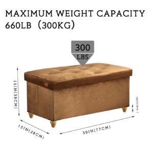 Wamnexti 30Inch Cube Storage Ottoman with Legs, Foldable Large Ottomans with Storage Foot Rest Footstool Bench for Living Room Bedroom, Velvet Brown