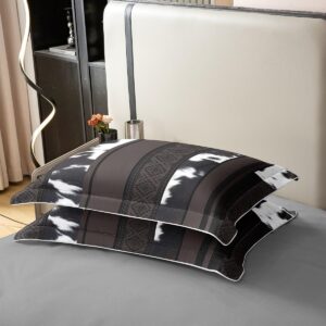 Manfei Cowhide Print 100% Nature Cotton Duvet Cover Queen Size,Farmhouse Animals Cow Skin Print Super Soft Bedding Set,Tribal Geometric Stripes Comforter Cover Bedding 3 Piece (No Comforter)