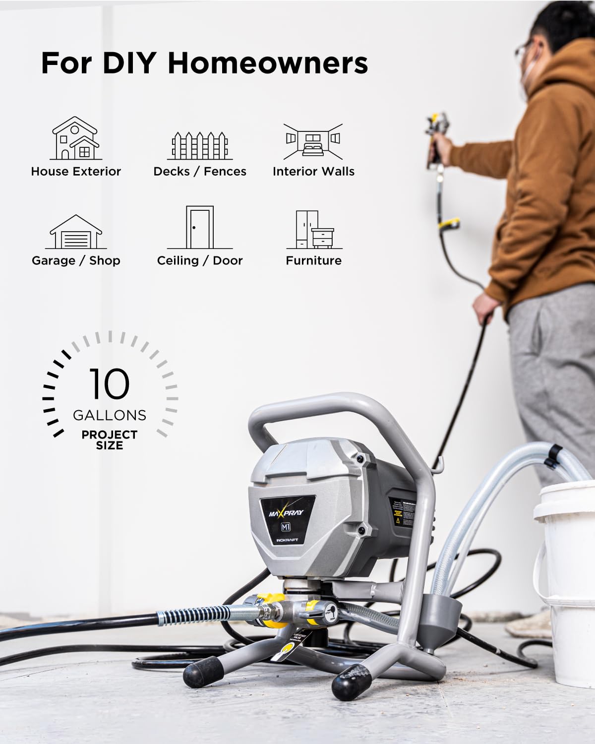 MaXpray M1 Airless Paint Sprayer, Highly Efficient Thinning-Free Minimal Overspray for Up to 10 Gallon DIY Painting Projects Home Interior & House Exterior, Comes with Sprayer Accessories