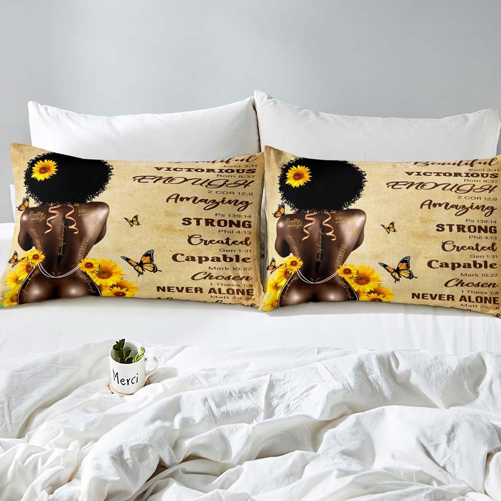 LUVIVIHOME 3PCS Sexy Black Girls Bedding Set, King Duvet Cover, Yellow Sunflower Butterfly Afro Black Woman African American Black Girl Magic Comforter Quilt Cover, Inspirational Gifts, 2 Pillow Shams