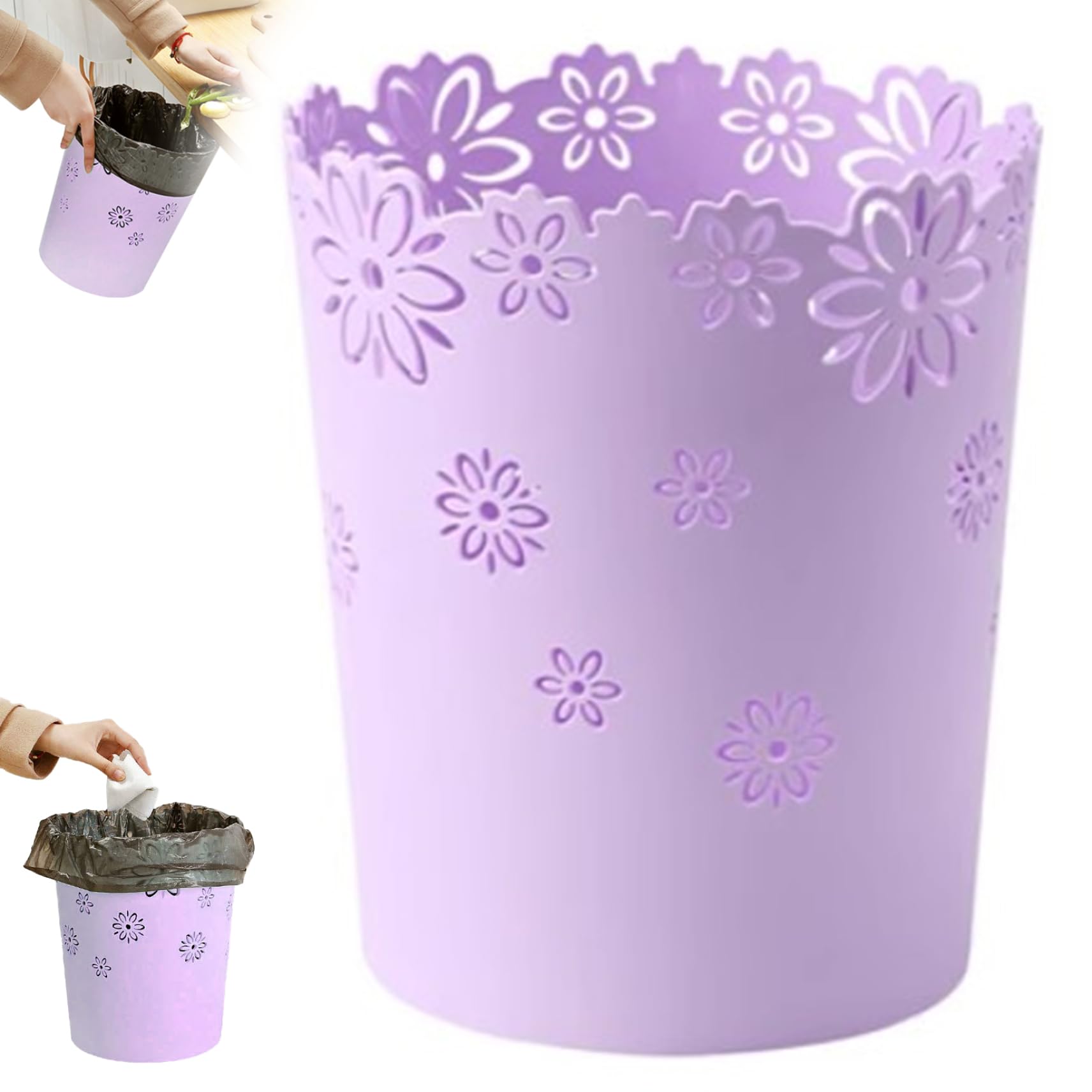 Comebachome Plastic Trash Can, Waste Paper Bin Flower Lace Waste Basket Round Rubbish Bin Hollow Garbage Can for Bedroom Bathroom Kitchen Office (Purple/S)