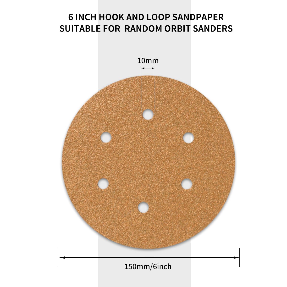 SUPBICCO 50 PCS 6 Inch Sanding Discs Hook and Loop, 80 120 220 320 400 Assorted Grits Sand Paper Disc for Random Orbital Sander, 6 Hole Gold Random Orbital Sandpaper Pads