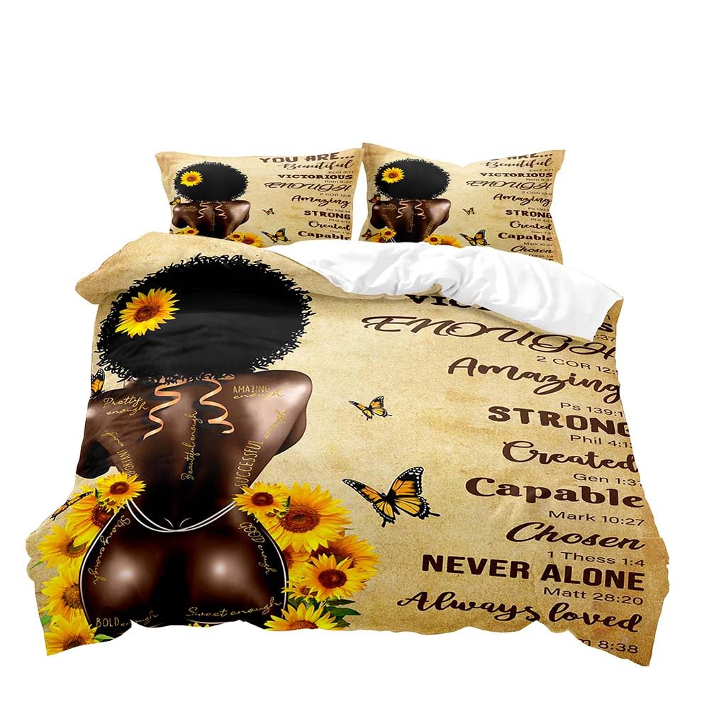 LUVIVIHOME 3PCS Sexy Black Girls Bedding Set, King Duvet Cover, Yellow Sunflower Butterfly Afro Black Woman African American Black Girl Magic Comforter Quilt Cover, Inspirational Gifts, 2 Pillow Shams