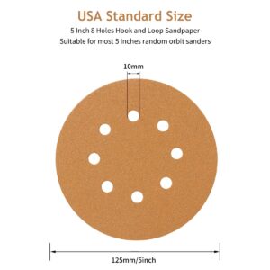 SUPBICCO 50 PCS 5 Inch 8 Hole Sanding Discs Hook and Loop, 60 80 120 220 320 Assorted Grits Sand Paper Disc for Random Orbital Sander, Gold Sandpaper Pads for Automotive and Woodworking