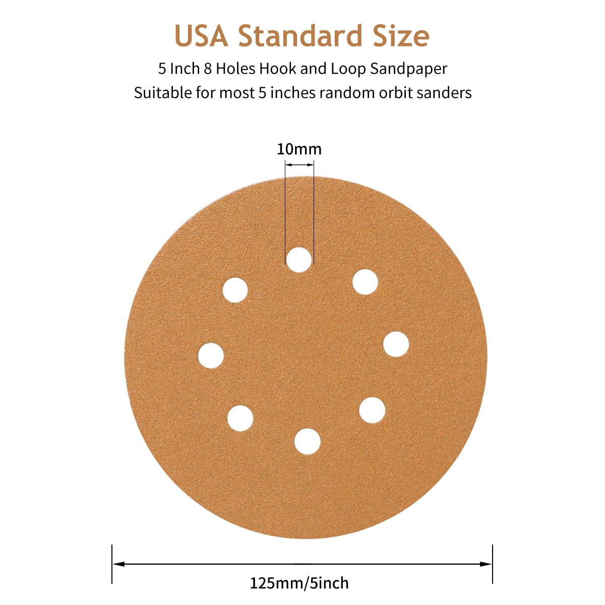 SUPBICCO 50 PCS 5 Inch 8 Hole Sanding Discs Hook and Loop, 60 80 120 220 320 Assorted Grits Sand Paper Disc for Random Orbital Sander, Gold Sandpaper Pads for Automotive and Woodworking