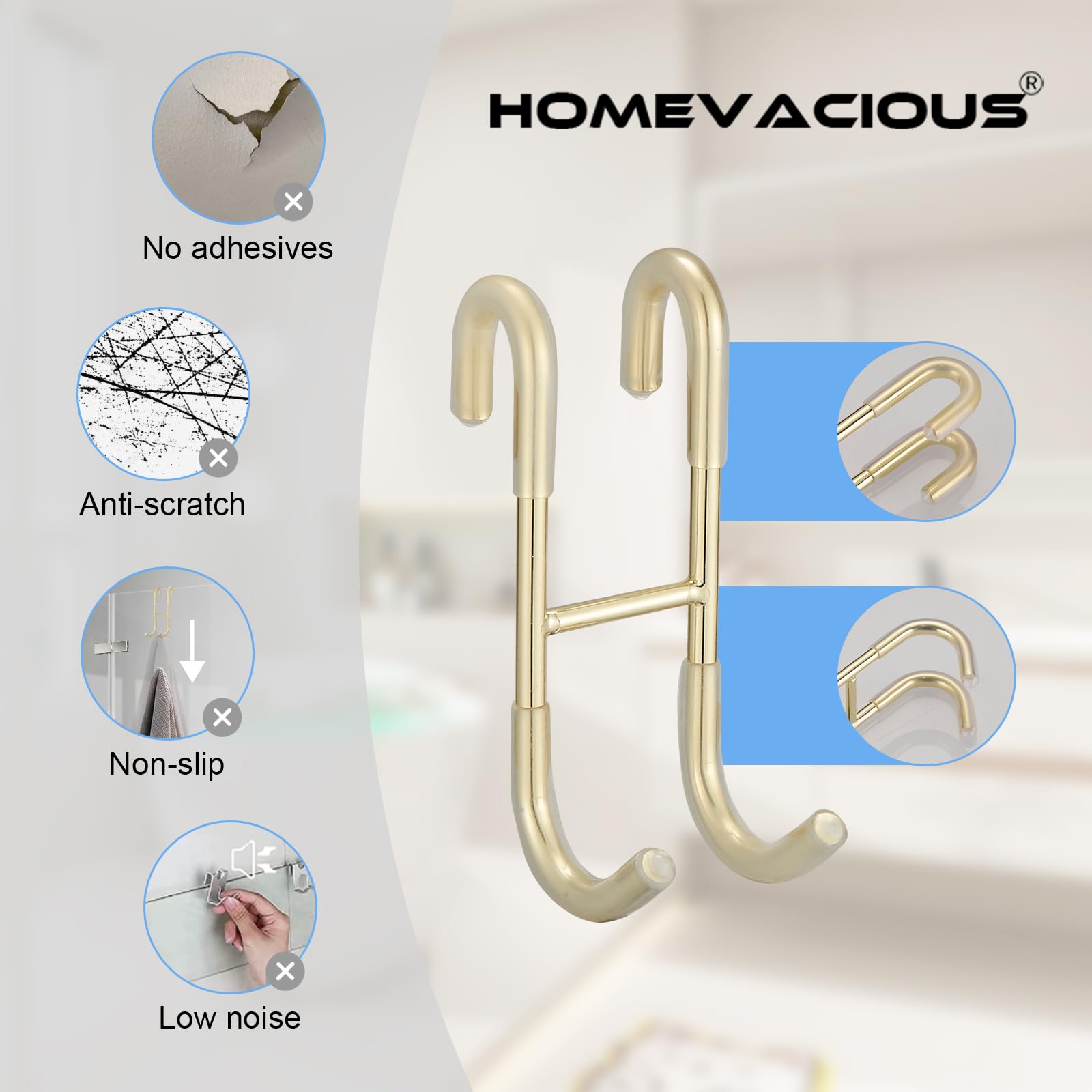 Homevacious 2 Pack Shower Door Hooks Towel Hooks for Bathroom Frameless Glass Shower Door SUS 304 Stainless Steel Drilling-Free Hanger Shower Hooks- Brushed Gold