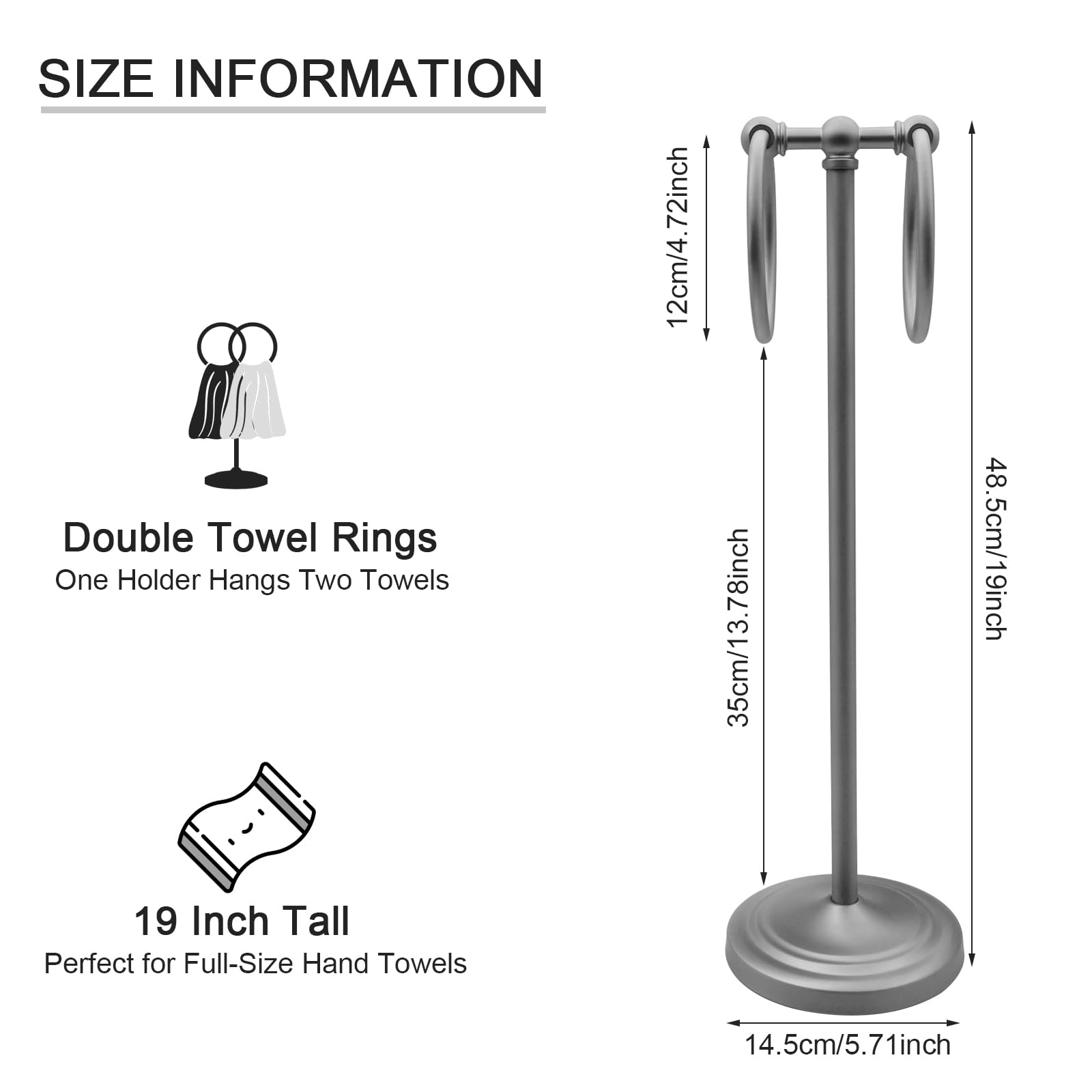 Hand Towel Holder 19'' Tall Hand Towel Rack Double Hand Towel Rings Hand Towel Stand for Bathroom Kitchen Counter to Hang Full-Size Hand Towel, Dish Towel, Tea Towel, Face Towel, Hair Towel (Silver)