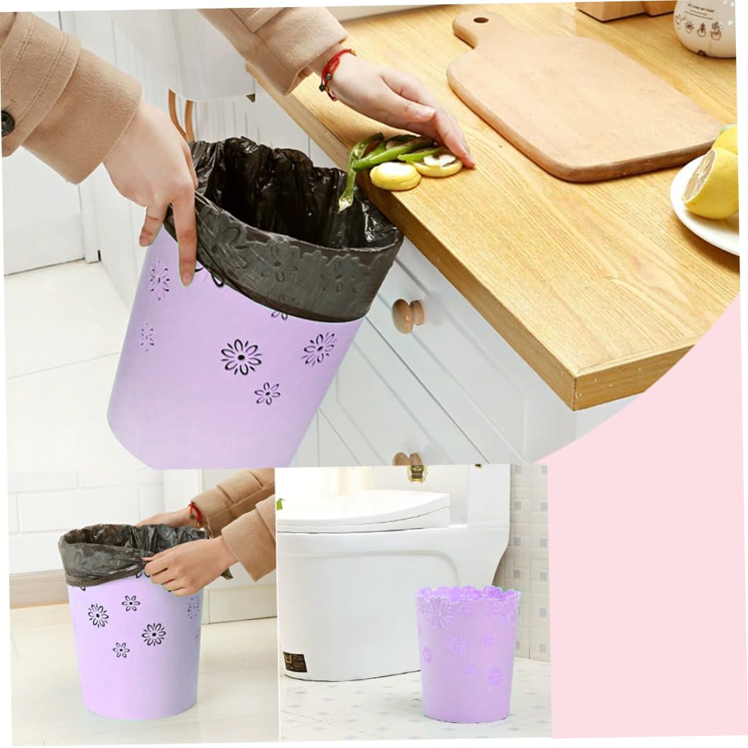 Comebachome Plastic Trash Can, Waste Paper Bin Flower Lace Waste Basket Round Rubbish Bin Hollow Garbage Can for Bedroom Bathroom Kitchen Office (Purple/S)