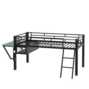 Linique Twin Size Gaming Loft Bed with Desk, LED and Staircase, Metal Loft Bed Frame with Vented Mesh Undercarriage Storage, Black