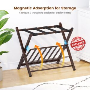 Folding Luggage Rack for Guest Room, Foldable Luggage Suitcase Stand with Unique Magnetic Locking ＆ Steel Shelf, Per Tier Hold up to 150 lb, Luggage Holders for Guest Room Bedroom Hotel, Brown, 1 Pack