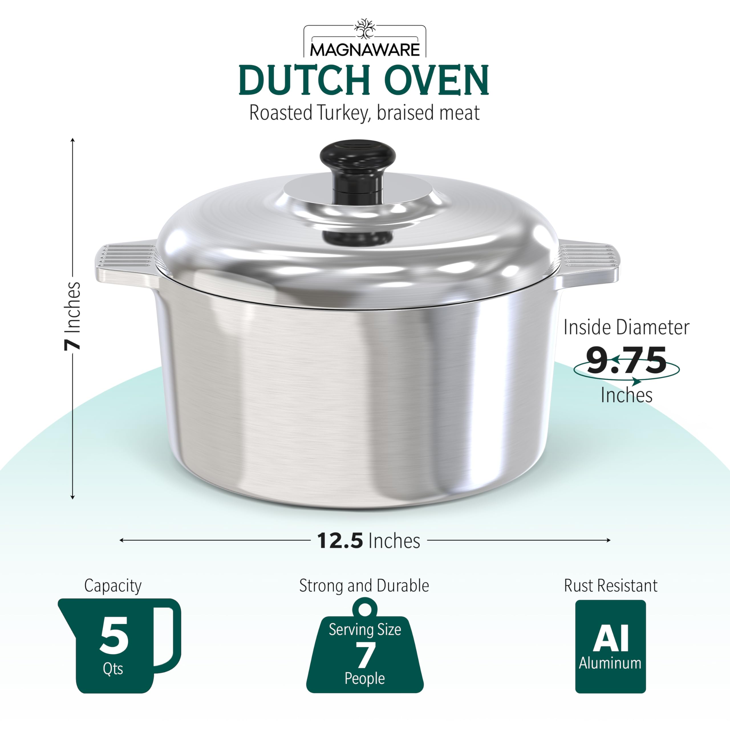 Magnaware Cast Aluminum Dutch Oven with Lid - 5 Quart Lightweight Cookware Pot with Silicone Covers for Easy Handling - Even Heat Distribution & Retention - For Bread Baking, Stew, Simmering & More