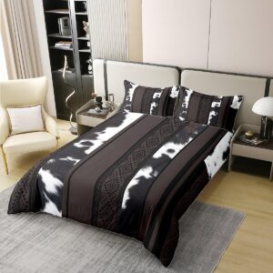 Manfei Cowhide Print 100% Nature Cotton Duvet Cover Queen Size,Farmhouse Animals Cow Skin Print Super Soft Bedding Set,Tribal Geometric Stripes Comforter Cover Bedding 3 Piece (No Comforter)