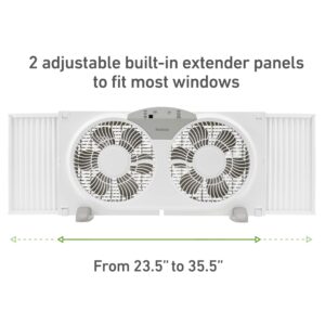 HOLMES 9" Twin Digital Window Fan, Reversible Airflow Blades, In/Out Exchange, 3 Speeds, Built-In Extender Panels, Ideal for Home, Bedroom or Office, Remote Control, White