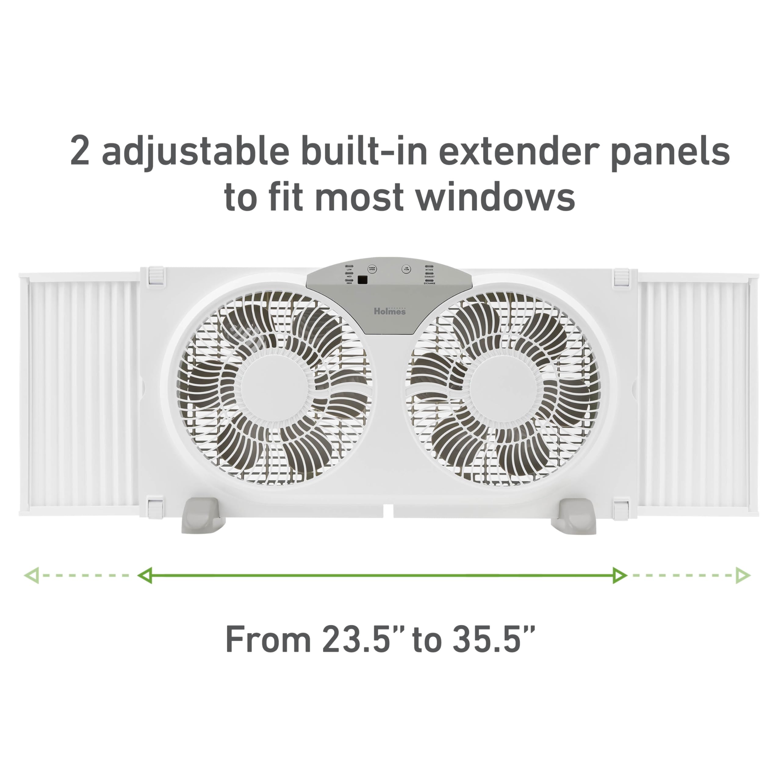 HOLMES 9" Twin Digital Window Fan, Reversible Airflow Blades, In/Out Exchange, 3 Speeds, Built-In Extender Panels, Ideal for Home, Bedroom or Office, Remote Control, White