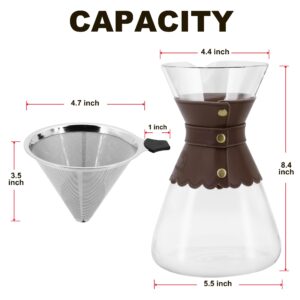 YMMIND 34oz Pour Over Coffee Maker with Double Layer Stainless Steel Filter, Borosilicate Glass Dripper, Detachable Heat-Resistant Leather Pad 7-8 Cups Coffee Maker Carafe（Dark brown）