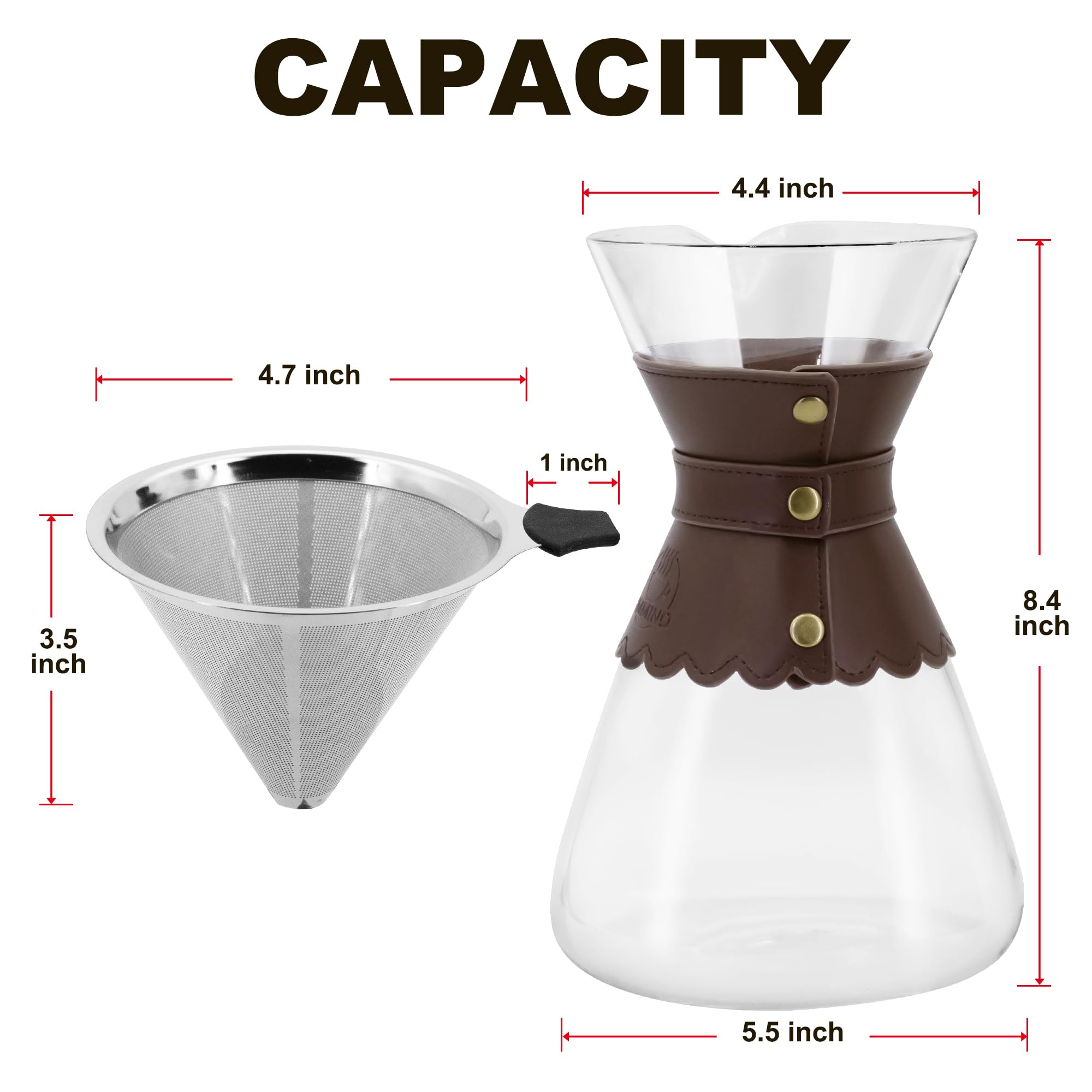 YMMIND 34oz Pour Over Coffee Maker with Double Layer Stainless Steel Filter, Borosilicate Glass Dripper, Detachable Heat-Resistant Leather Pad 7-8 Cups Coffee Maker Carafe（Dark brown）