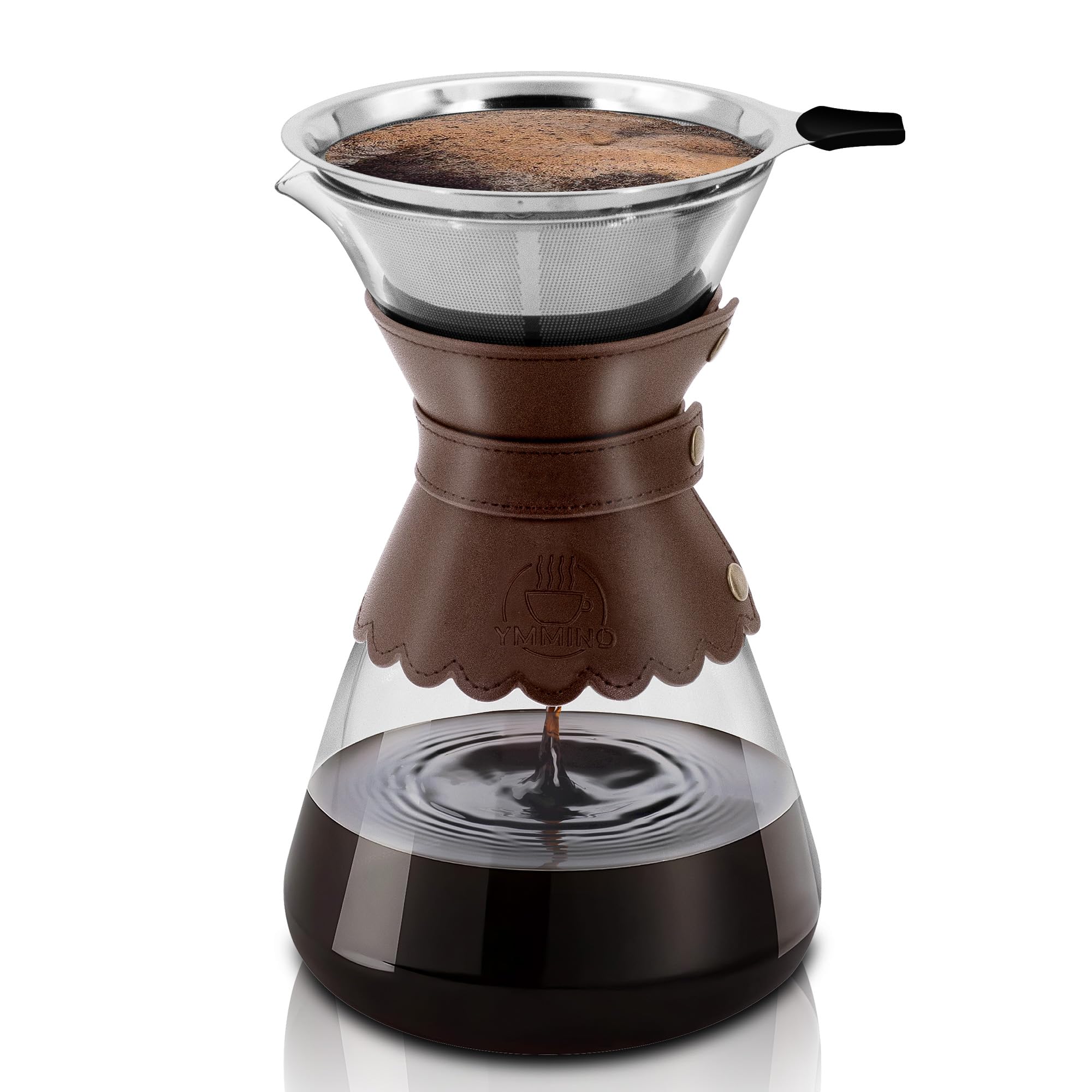 YMMIND 34oz Pour Over Coffee Maker with Double Layer Stainless Steel Filter, Borosilicate Glass Dripper, Detachable Heat-Resistant Leather Pad 7-8 Cups Coffee Maker Carafe（Dark brown）