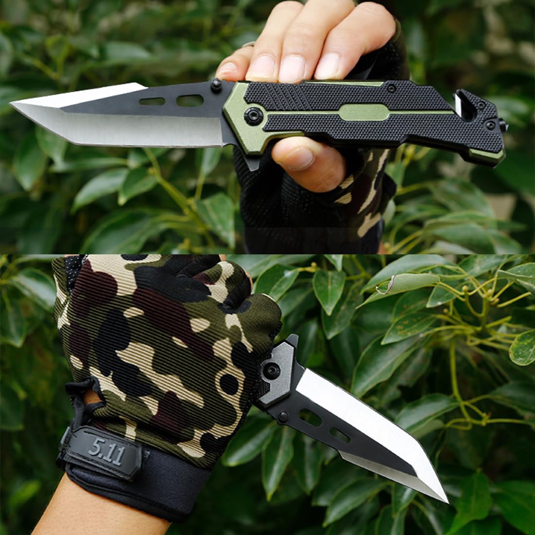 Augenweide EDC Folding Pocket Knife for men with Liner Lock - Utility Sharp Camping Knives with Clip, Seatbelt Cutter, Glass Breaker Multi Tool Knife for Outdoor Emergencies (Green)